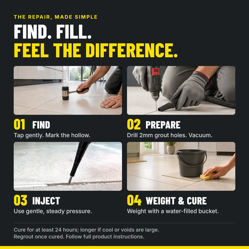 Carica immagine in Galleria Viewer, How to fix a loose tile in 4 steps: find the hollow tile, drill a 2mm hole, inject Injectafix, weight and cure
