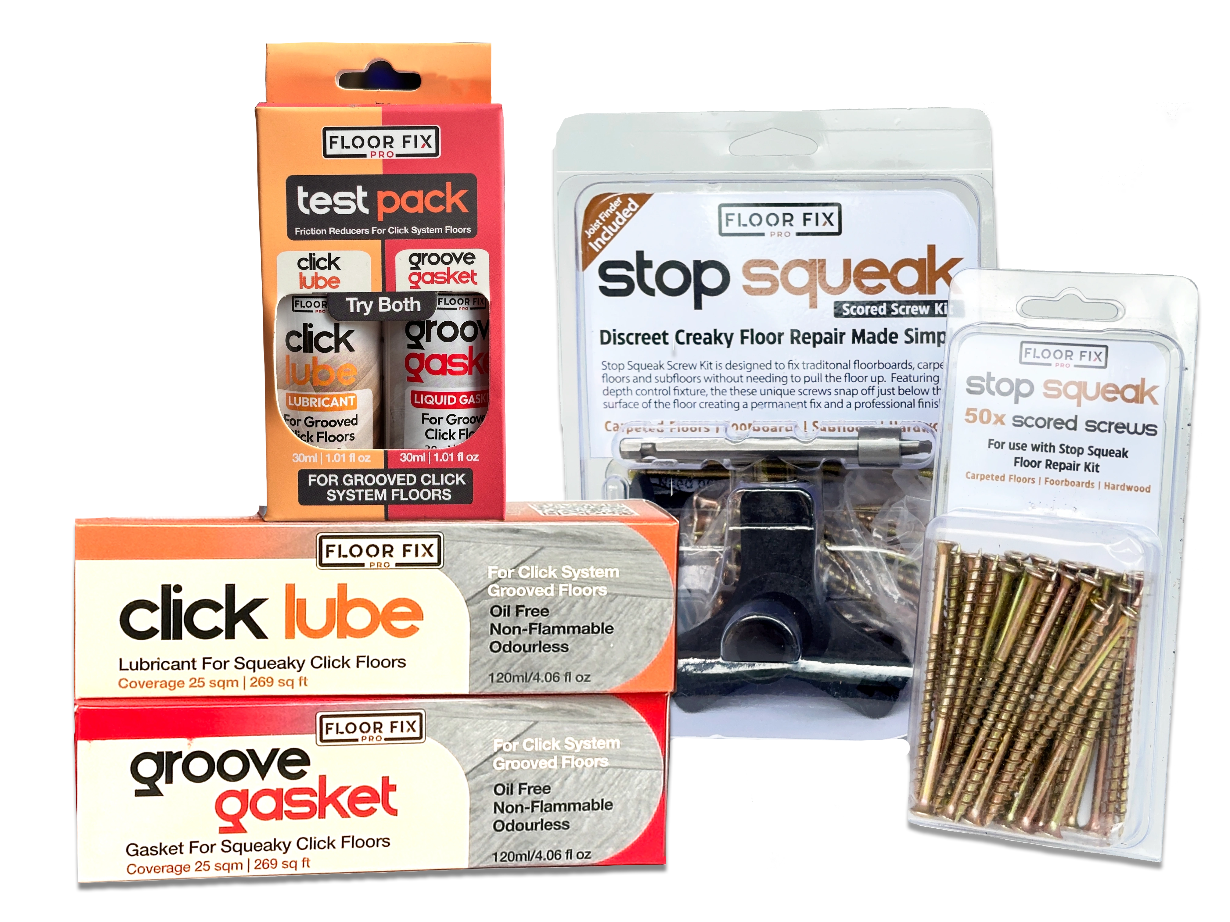 Squeaky floor products: Test Pack, Click Lube, Groove Gasket, Stop Squeak repair kit and scored screws